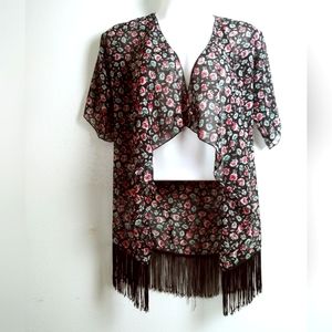 Lularoe Lindsay Bohemian Kimono Fridge Cover Up Size S Black Floral Sheer